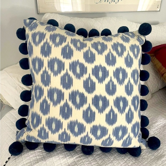 Blue and White Ikat Pillow Cover with Pom Poms - Picture 1 of 4